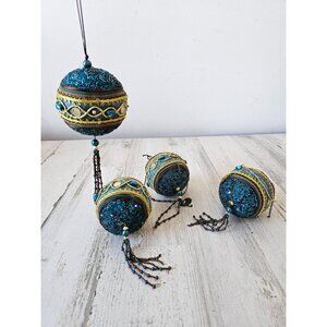 Vintage beaded blue ball‎ ornament tassel set Xmas tree